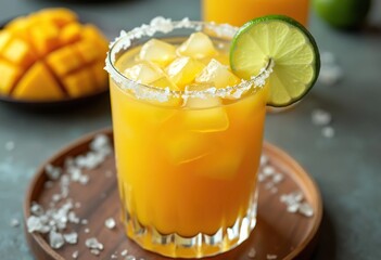 A vibrant mango margarita served in a salt-rimmed glass with a fresh lime wedge. Perfect for tropical-themed parties or a refreshing summer drink