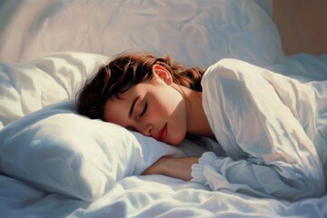 A serene portrait of a young woman peacefully sleeping on a soft white pillow. Her gentle expression captures calmness and tranquility. This dreamy style evokes relaxation. Generative AI