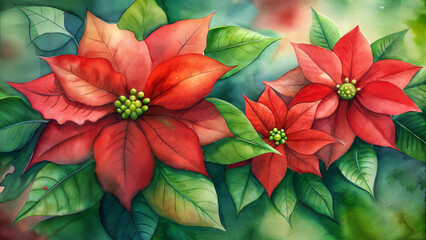 Obraz premium Vivid Red Poinsettia Flowers with Deep Green Leaves in Watercolor Background