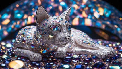 The glittering silver cat sculpture lies gracefully, surrounded by vibrant, shimmering stones