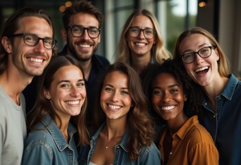 Fototapeta premium A cheerful group of diverse professionals smiling and standing together in a modern office setting, showcasing teamwork and inclusivity.