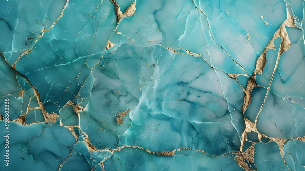 Wall mural illustration of turquoise marble texture background with cracked gold details 2