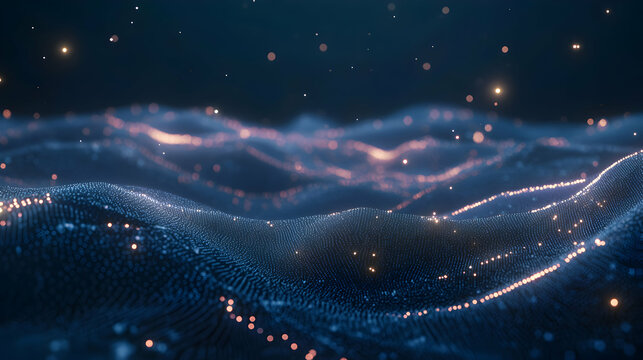 An AI and data network depicted as a starry night sky, with data streams forming constellations and AI nodes glowing like distant stars