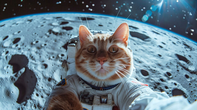 A cat astronaut takes a selfie on the moon against the background of space