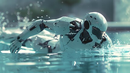 Robot Swimmer Diving into Pool: A streamlined robot diving into a pool, creating minimal splash as it enters the water.
