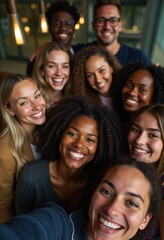 Obraz premium A cheerful group of diverse professionals smiling and standing together in a modern office setting, showcasing teamwork and inclusivity.