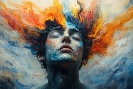 Fragmented Mind Chaotic World surreal image of person head splitting into multiple abstract piece each fragment representing different mental health condition background chaotic swirl of color shape