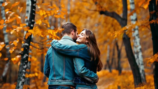 Relaxed carefree travelers walking on forest path looking beautiful nature views. Happy smiling couple strolling on beautiful autumn park