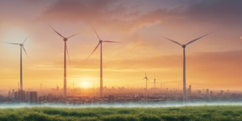 Cityscape wind turbines at sunset with stunning sky, rotating bl