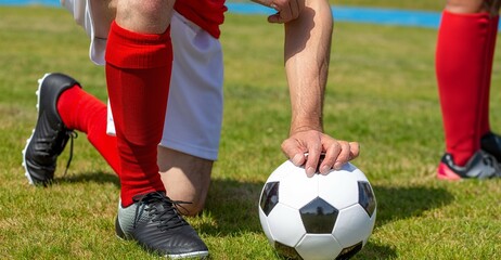 Nahaufnahme von einem Fußball und einem Spieler mit roten Stutzen (Symbolbild)