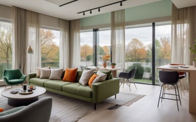 Fototapeta premium Modern Living Room with City View, Green Sofa, Orange Armchairs,