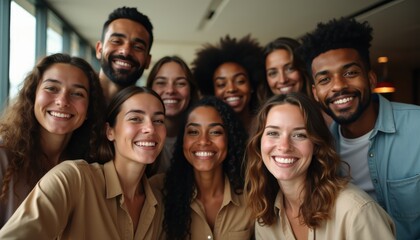 Obraz premium A cheerful group of diverse professionals smiling and standing together in a modern office setting, showcasing teamwork and inclusivity.