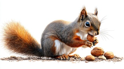 Obraz premium Cute Squirrel Eating Walnut with White Background