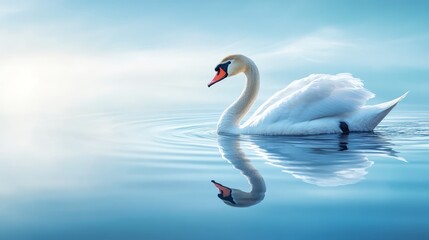 Obraz premium Graceful White Swan Swimming in Clear Blue Water