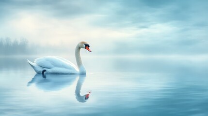 Obraz premium White Swan Swimming in Calm Blue Lake Water with Foggy Background