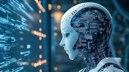 A robot head with circuit board patterns and digital screens