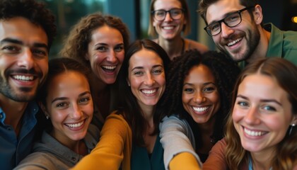 Obraz premium A cheerful group of diverse professionals smiling and standing together in a modern office setting, showcasing teamwork and inclusivity.