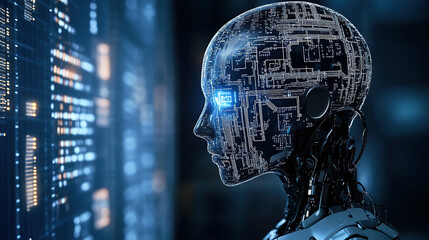 A robot head with circuit board patterns and digital screens