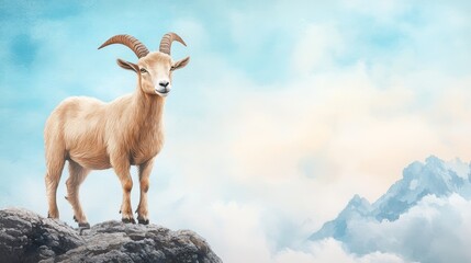 Obraz premium Mountain Goat on Rocky Peak with Cloudy Sky