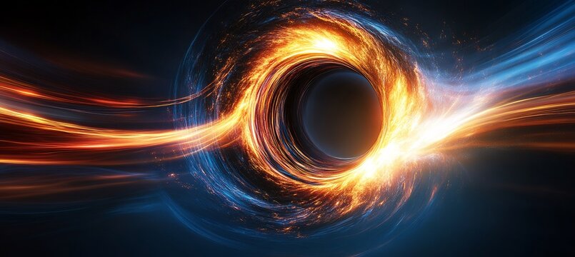 Black hole as a symbol of cosmic mystery where 3D dark energy and 2D light are drawn into the singularity in an abstract depiction that captures the essence of the unknown
