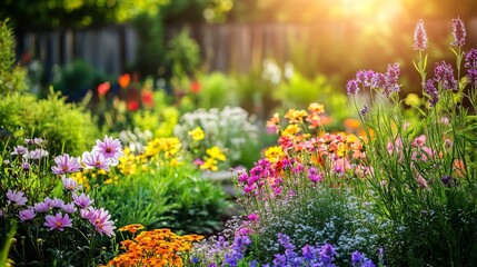 Naklejka premium backyard garden with colorful flowers in bloom on a sunny afternoon 