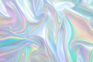Obraz premium Holographic Background with Iridescent Rainbow Effect and Flowing Fabrics in Pastel White and Light Blue Colors for Dreamy and Ethereal Visuals