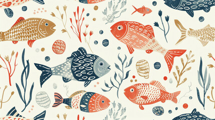 Naklejka premium Underwater-Themed Seamless Pattern of Colorful Fish and Aquatic Plants