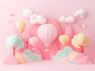 Whimsical 3D of Colorful Balloons and Clouds in Fantasy Landscape