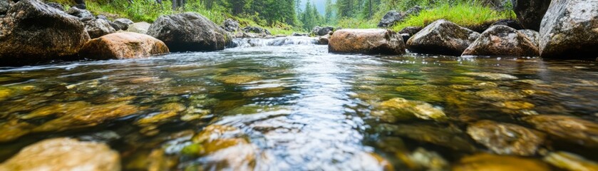 A serene river flows through a lush forest, showcasing clear water and smooth stones. Nature's beauty captured in a tranquil setting.
