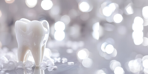 White tooth on a blurred white background. Concept banner template for advertising dental services and dental health. Copyspace