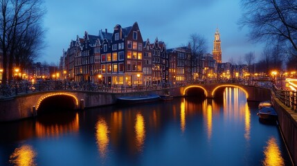 Fototapeta premium Nighttime View of a Canal in