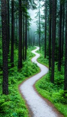 Fototapeta premium A winding path through a lush forest, shrouded in mist, inviting exploration and adventure amid tall trees and vibrant greenery.