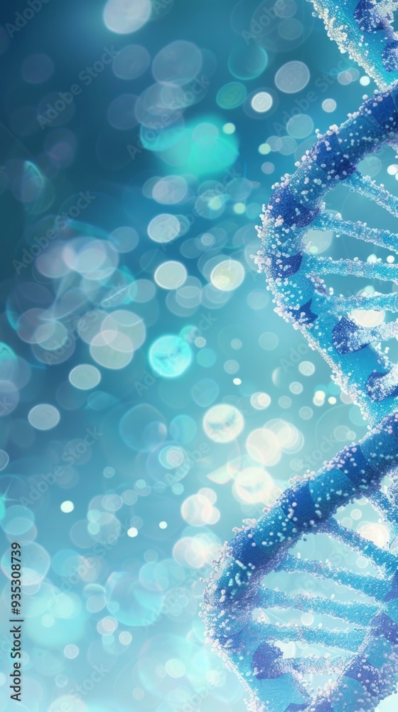 Poster The image showcases a spiral blue DNA double helix against a soft gradient background filled with blurred light spots, symbolizing the complexity of genetic structures