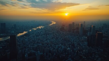 Fototapeta premium Sunset Over a Dense Urban Skyline with a River