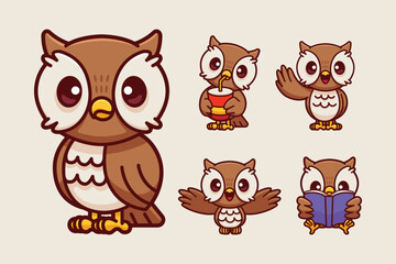cute owl cartoon character set