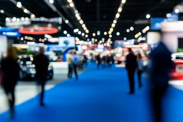 Fototapeta premium Blurred Background of Indoor Exhibition Hall with Visitors Exploring Pavilions Displaying Cars, Home Appliances, Tech Gadgets, and Food Items on a Blue-Carpeted Show Floor