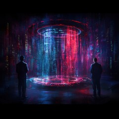 Futuristic Economic Policy Makers Analyzing Data in High-Tech Room