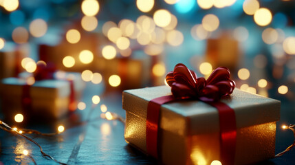 Festive red Christmas gift with a golden ribbon, surrounded by bokeh lights. Perfect for holiday promotions, cards, and seasonal designs.