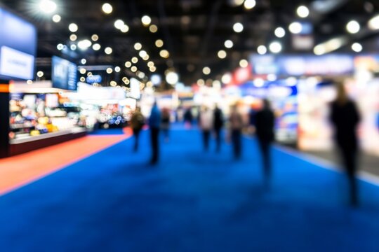 Blurred Background of Indoor Exhibition Hall with Visitors Exploring Pavilions Displaying Cars, Home Appliances, Tech Gadgets, and Food Items on a Blue-Carpeted Show Floor