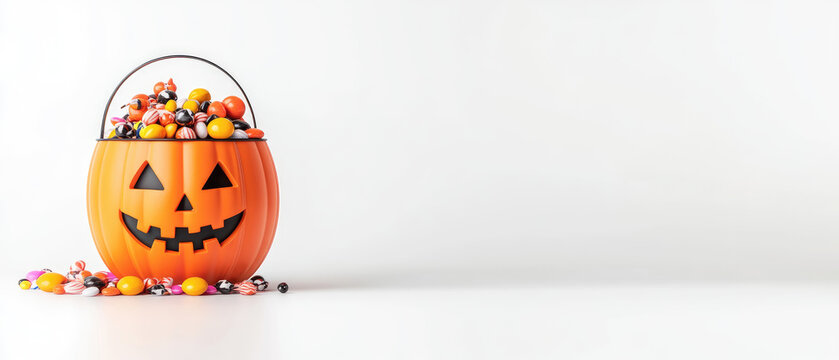 Halloween candy bucket overflowing with colorful treats, festive orange pumpkin design with a smiling face, vibrant candies scattered nearby, cheerful autumn celebration theme.