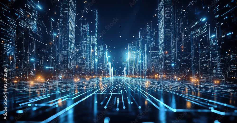 Poster cityscape transitioning into digital network at night, representing the future of smart cities and t