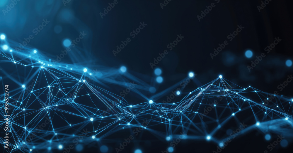 Poster abstract network of connections is forming a futuristic landscape with glowing dots and lines on a d