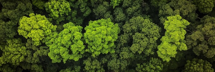 An aerial view of a dense green forest canopy with varying shades of green trees, showcasing the natural beauty of untouched wilderness.
