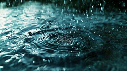Rainfall Captured in Detail, Showcasing Droplets and Ripples on a Calm Water Surface. Generative AI
