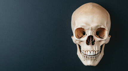 Fototapeta premium Realistic human skull model, prominently displayed against a dark background, illustrating anatomical details and the intricate structure of the human cranium.