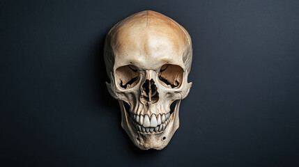 Obraz premium Human skull displayed against a dark background, showcasing detailed features including teeth and eye sockets, symbolizing mortality and the study of anatomy.