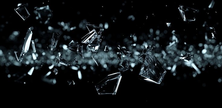 With a black background and motion blur effect, broken glass fragments exploding in the air.