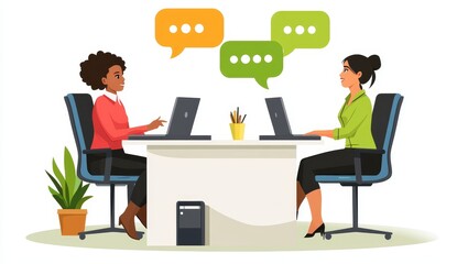 Fototapeta premium Stock illustration of two people talking on the phone, one holding an application form, and the other sitting at a laptop with speech bubbles above them.