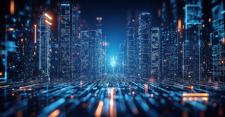 Fototapeta premium Futuristic cityscape with data flowing through digital buildings, embodying the idea of a smart city. High quality photo