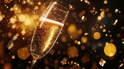 Champagne Glass Sparkling Celebration with Golden Festive Bokeh and Glittering Confetti